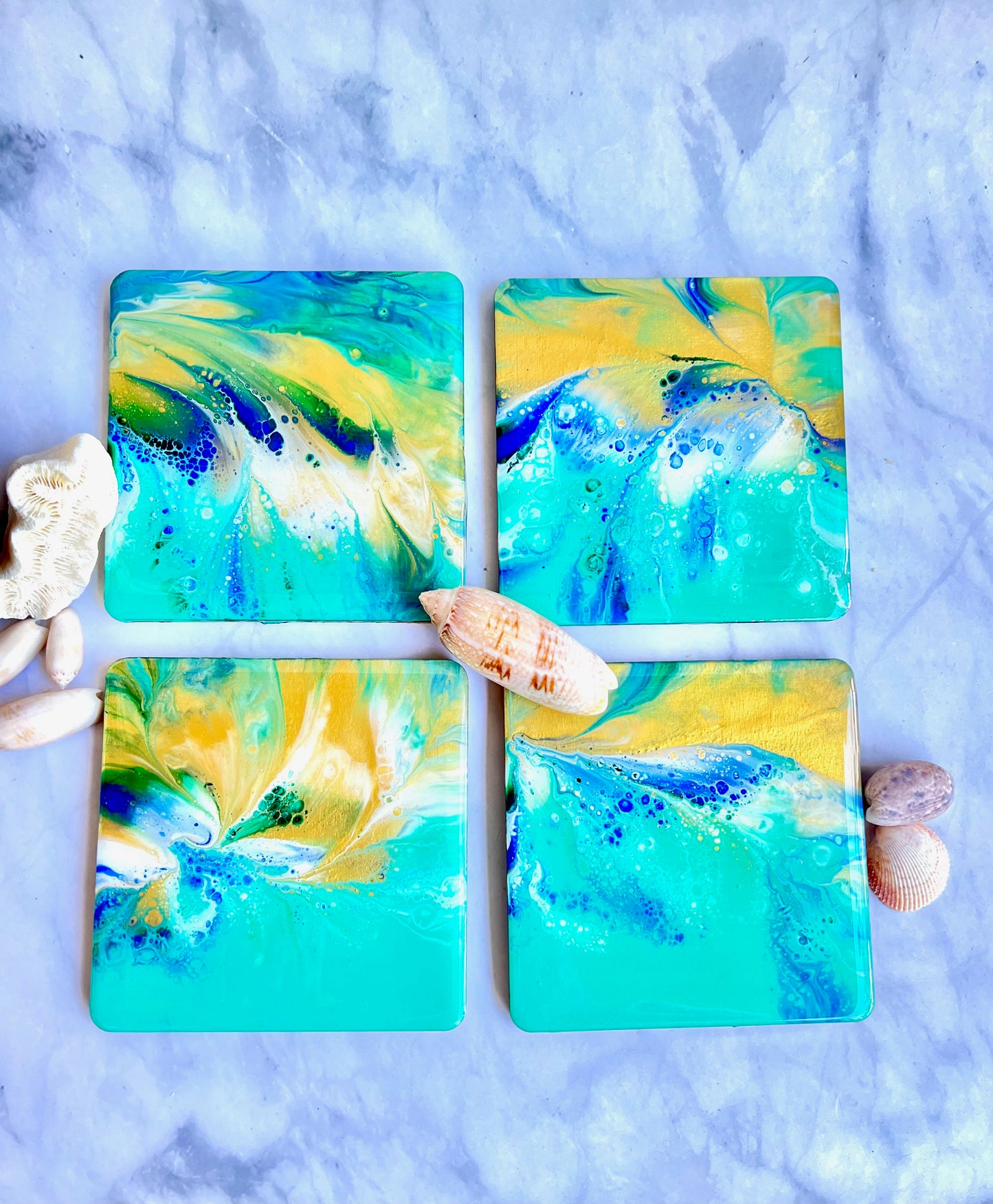 Colorful Acrylic Paint Epoxy Resin Coasters Set Of Four: Great Gift For Him, Her or Housewarming. Coastal Charm For Your Bar Or Coffee Table