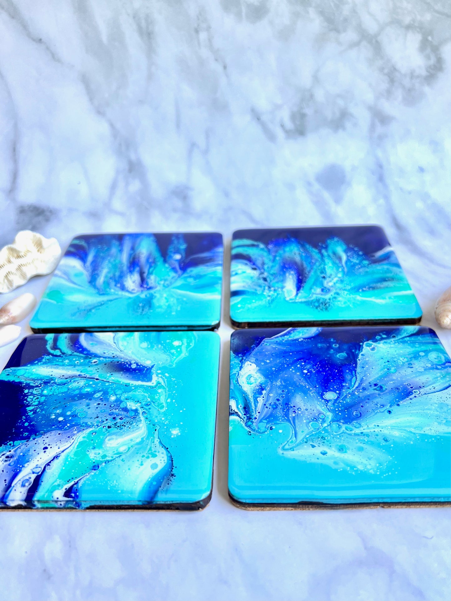 Colorful Acrylic Paint Epoxy Resin Coasters Set Of Four: Great Gift For Him, Her or Housewarming. Coastal Charm For Your Bar Or Coffee Table