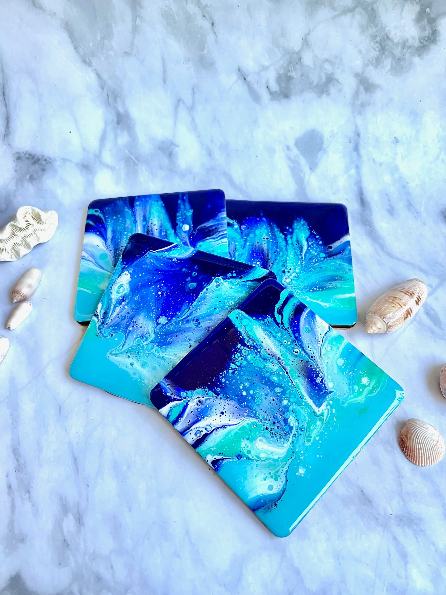 Colorful Acrylic Paint Epoxy Resin Coasters Set Of Four: Great Gift For Him, Her or Housewarming. Coastal Charm For Your Bar Or Coffee Table
