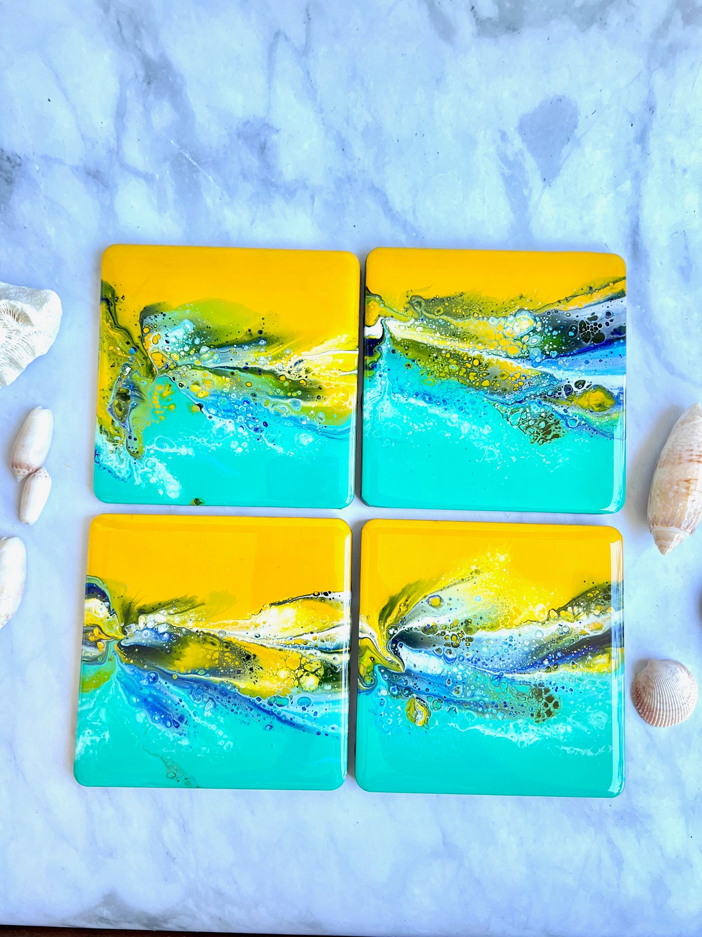 Colorful Acrylic Paint Epoxy Resin Coasters Set Of Four: Great Gift For Him, Her or Housewarming. Coastal Charm For Your Bar Or Coffee Table