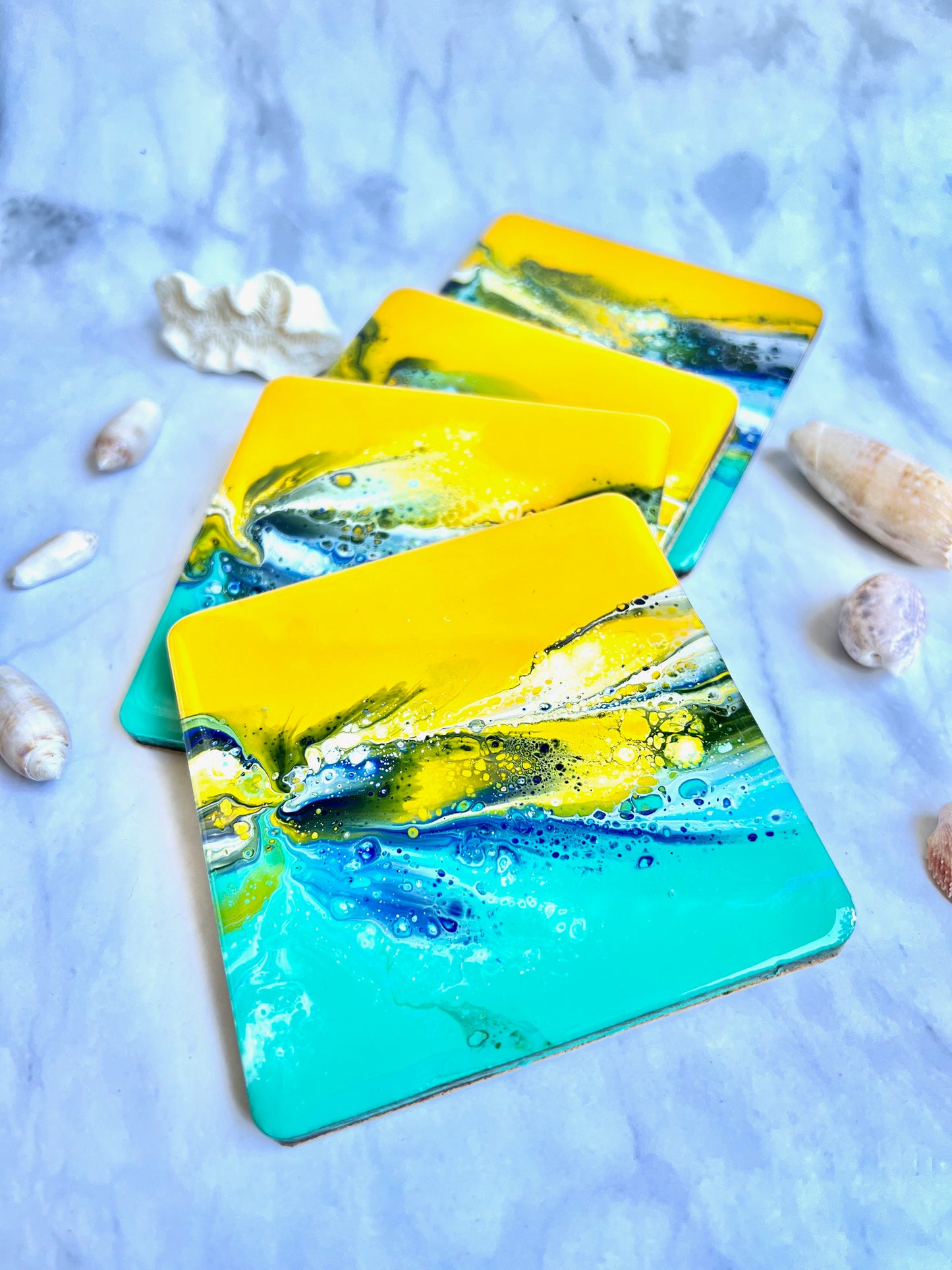 Colorful Acrylic Paint Epoxy Resin Coasters Set Of Four: Great Gift For Him, Her or Housewarming. Coastal Charm For Your Bar Or Coffee Table