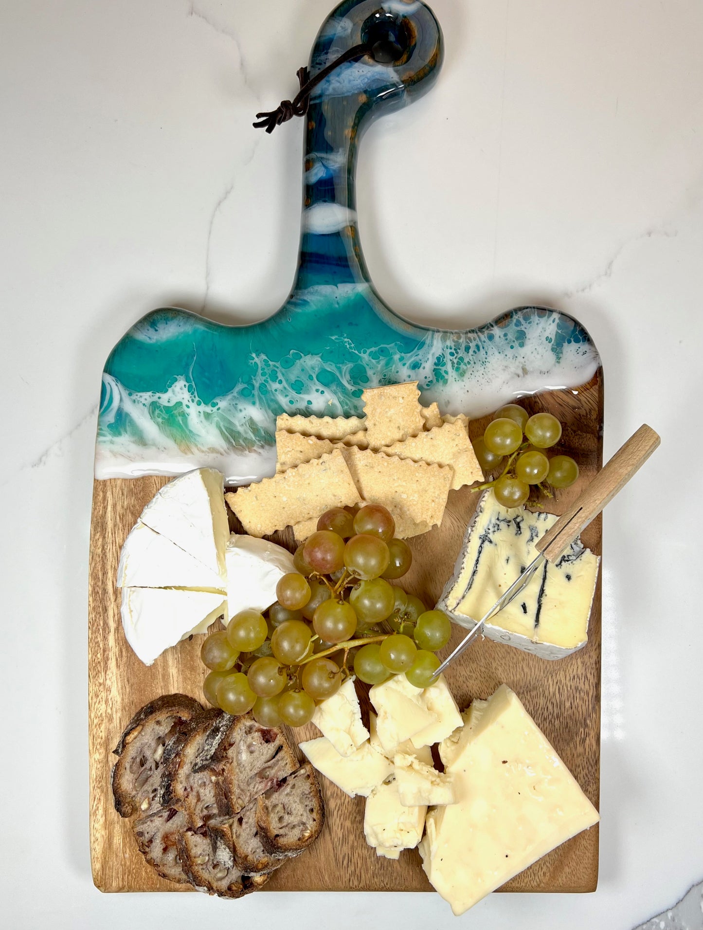 Ocean Inspired Live Edge Charcuterie Cheese Cutting Board: Walnut with Beach Blue & White Epoxy Resin. Gift for mom, foodies, beach lovers