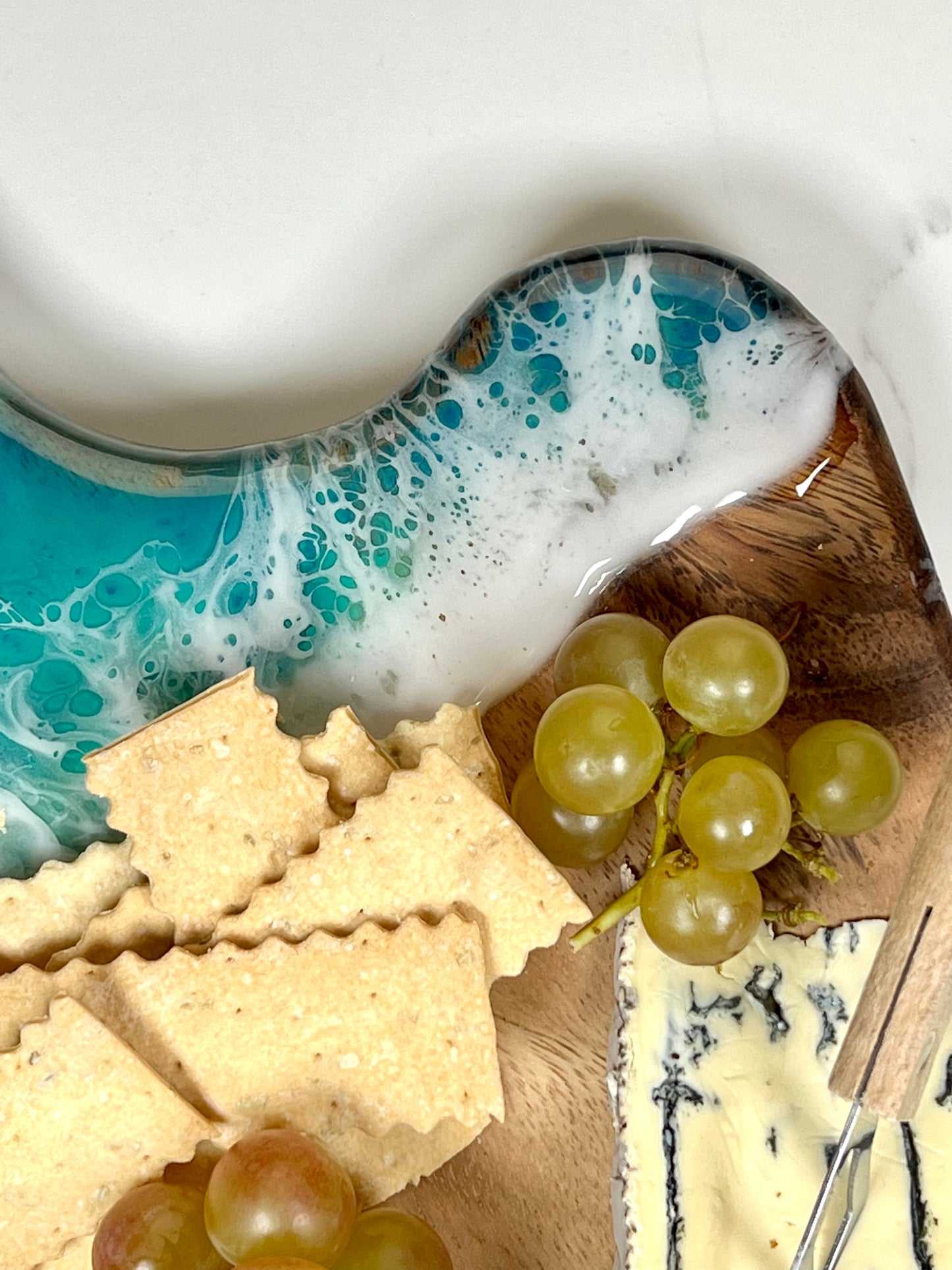 Ocean Inspired Live Edge Charcuterie Cheese Cutting Board: Walnut with Beach Blue & White Epoxy Resin. Gift for mom, foodies, beach lovers