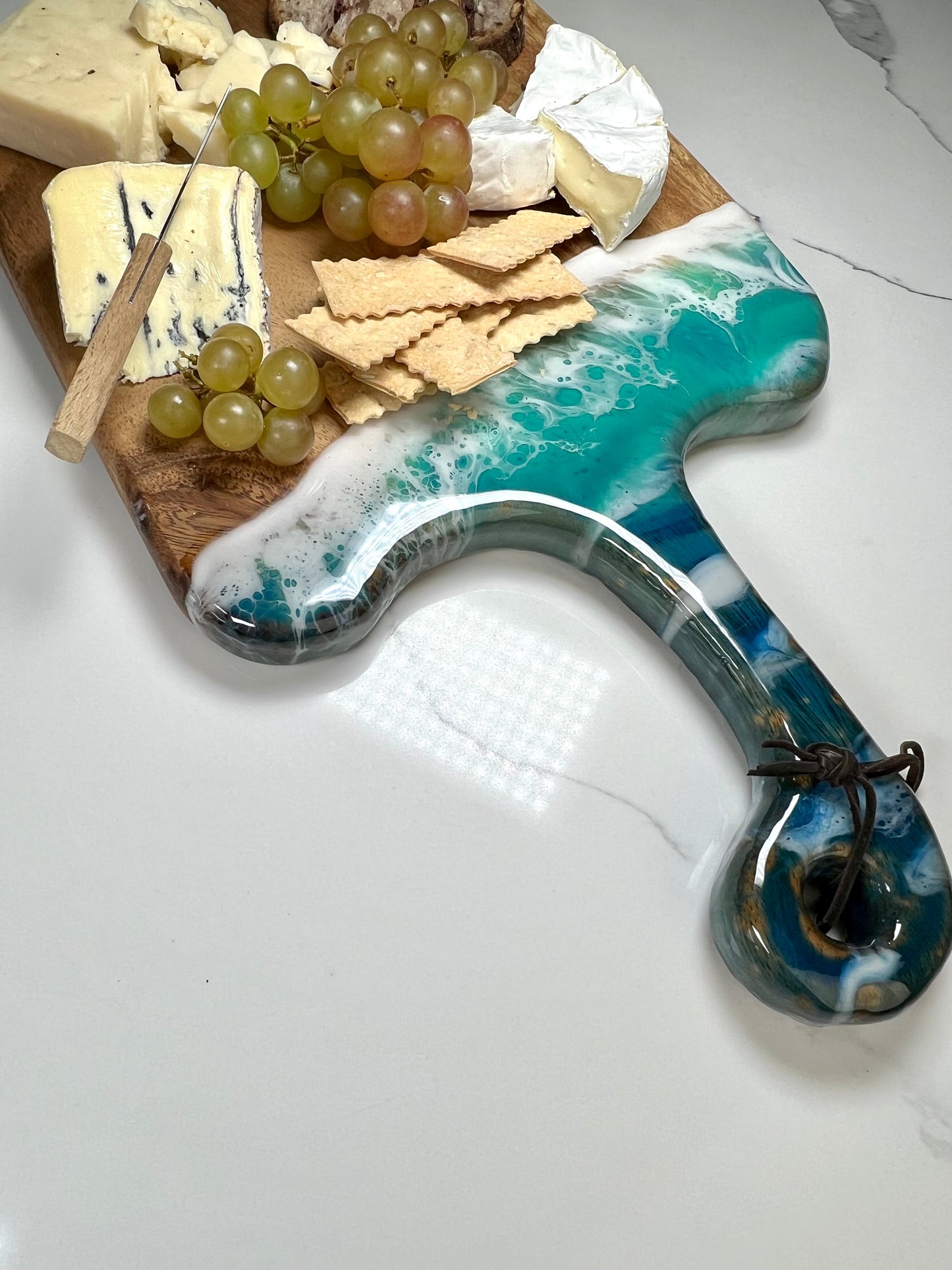 Ocean Inspired Live Edge Charcuterie Cheese Cutting Board: Walnut with Beach Blue & White Epoxy Resin. Gift for mom, foodies, beach lovers