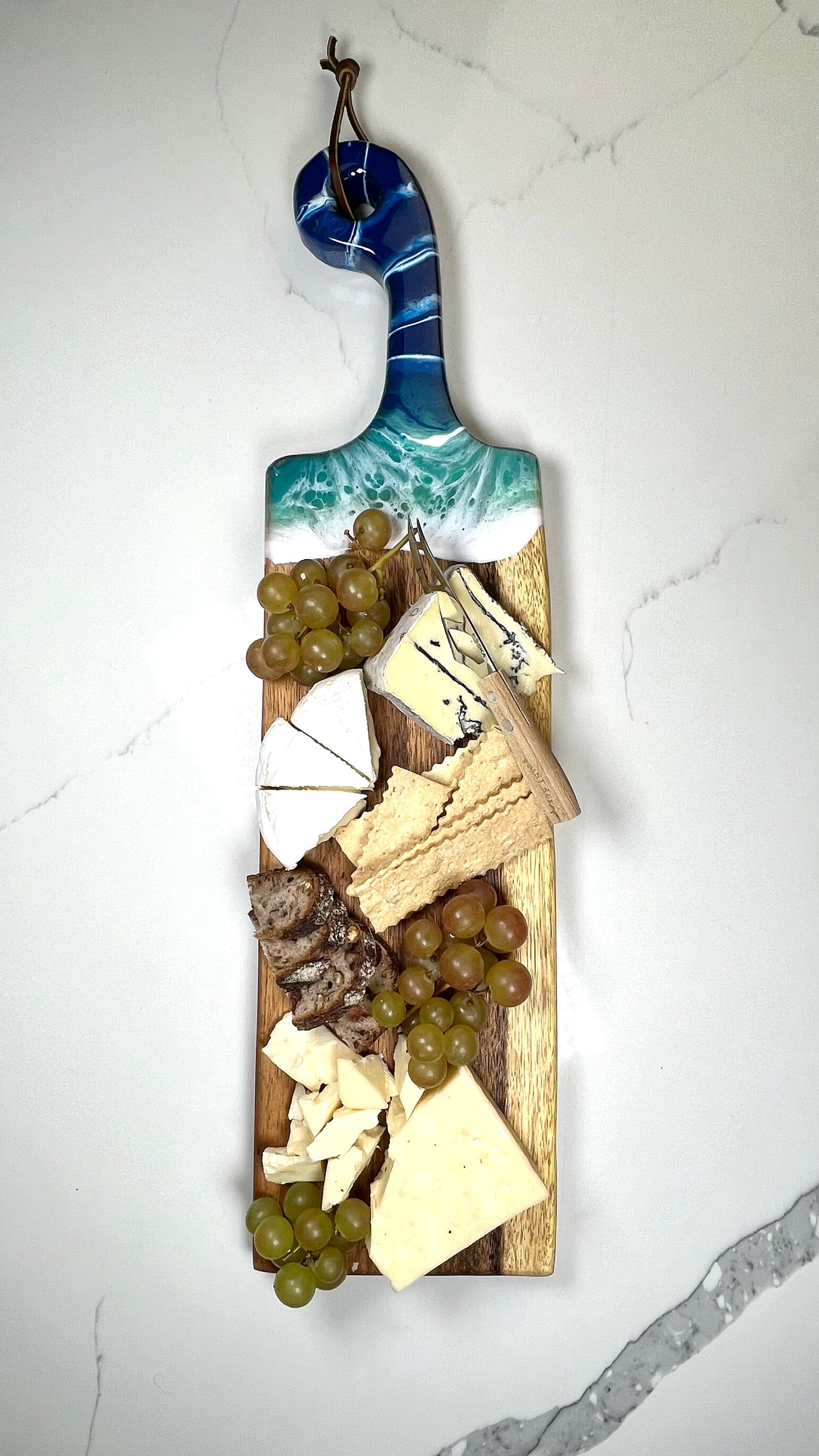 Ocean Inspired Live Edge Charcuterie Cheese Cutting Board: Walnut with Beach Blue & White Epoxy Resin. Gift for mom, foodies, beach lovers