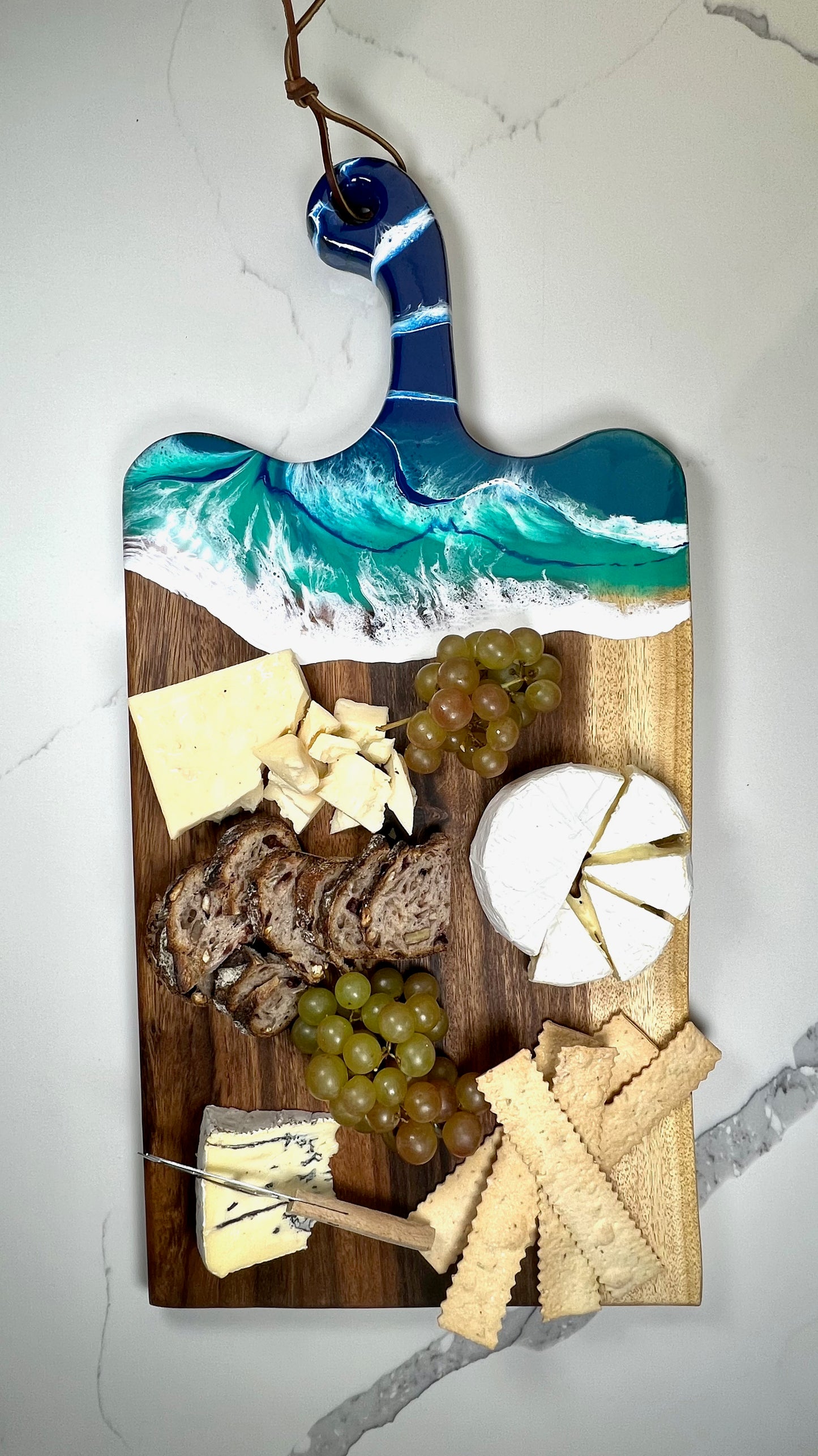 Ocean Inspired Live Edge Charcuterie Cheese Cutting Board: Walnut with Beach Blue & White Epoxy Resin. Gift for mom, foodies, beach lovers