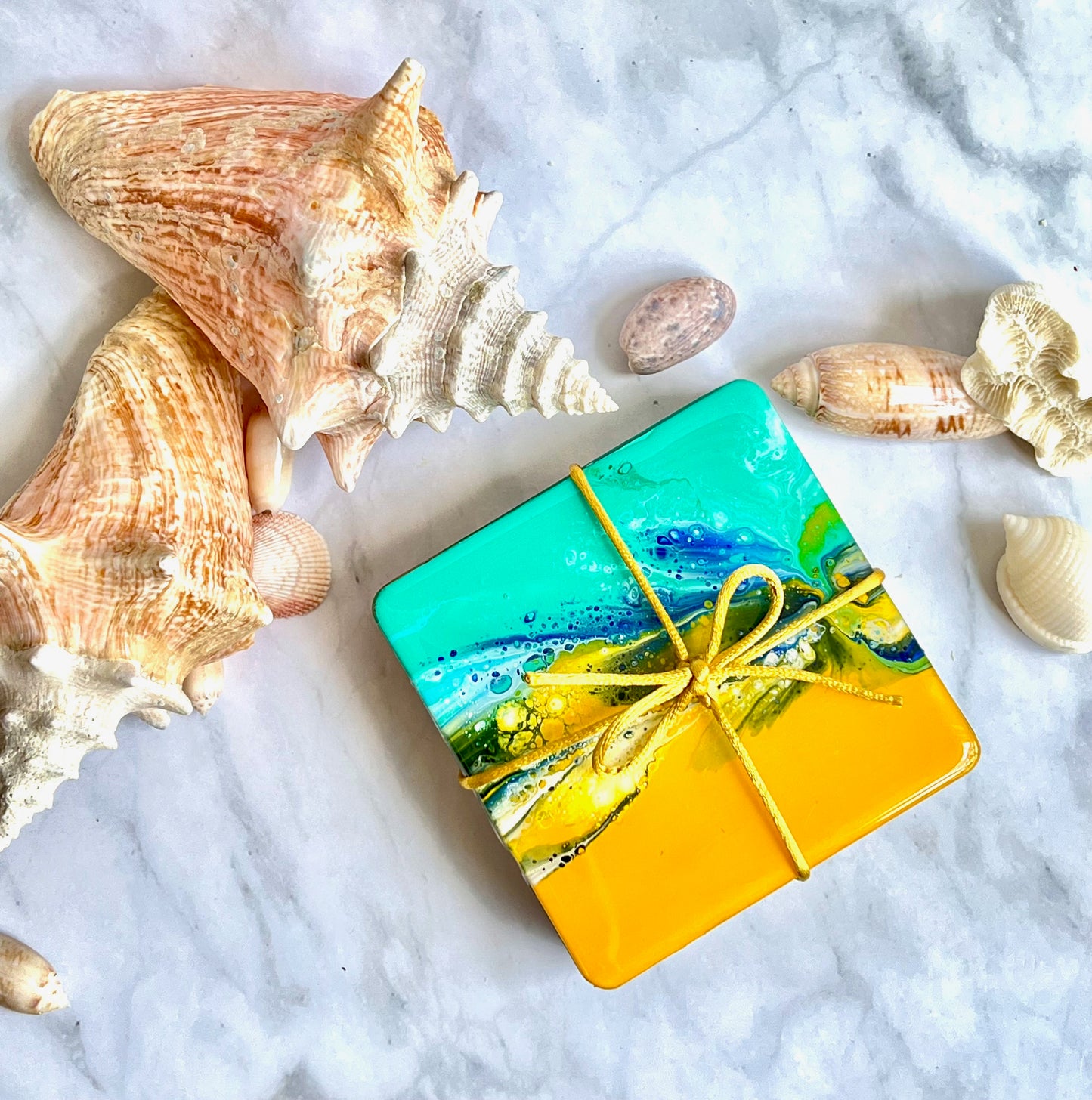 Colorful Acrylic Paint Epoxy Resin Coasters Set Of Four: Great Gift For Him, Her or Housewarming. Coastal Charm For Your Bar Or Coffee Table