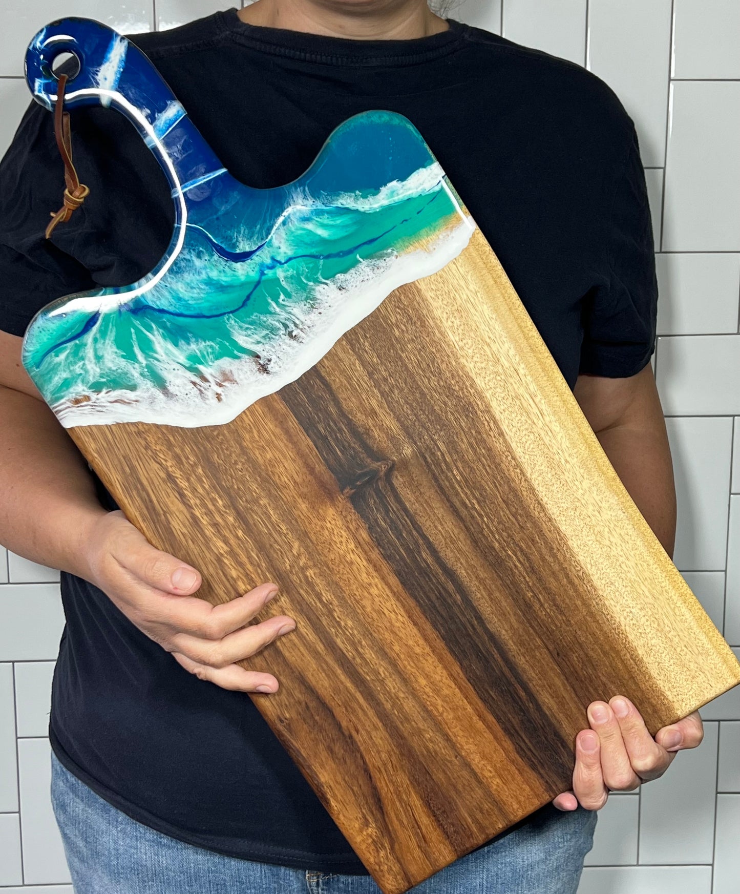 Ocean Inspired Live Edge Charcuterie Cheese Cutting Board: Walnut with Beach Blue & White Epoxy Resin. Gift for mom, foodies, beach lovers