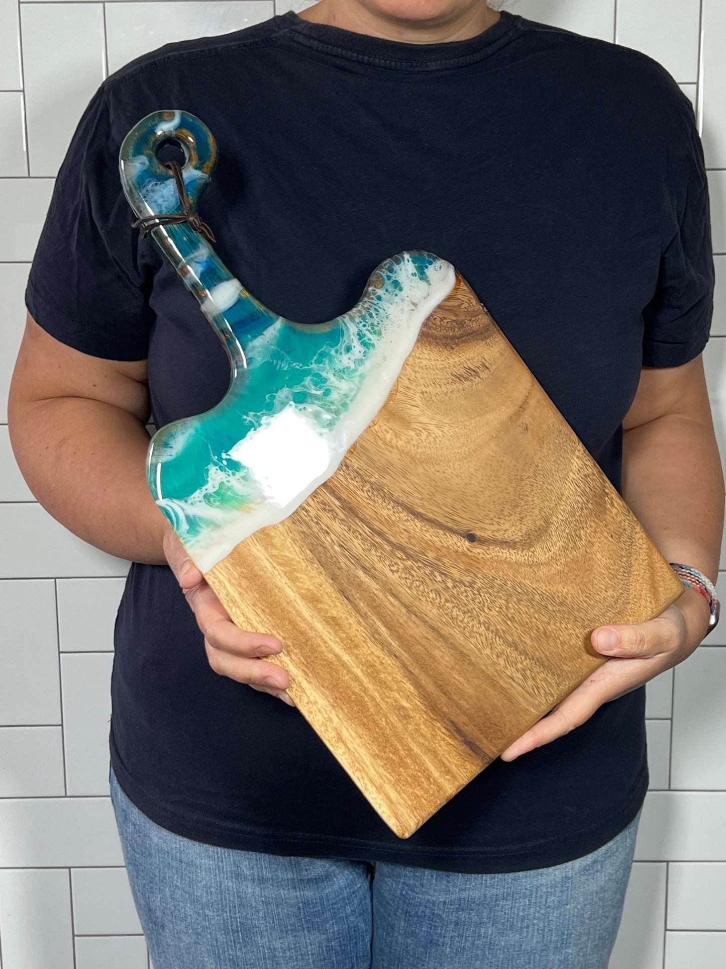 Ocean Inspired Live Edge Charcuterie Cheese Cutting Board: Walnut with Beach Blue & White Epoxy Resin. Gift for mom, foodies, beach lovers