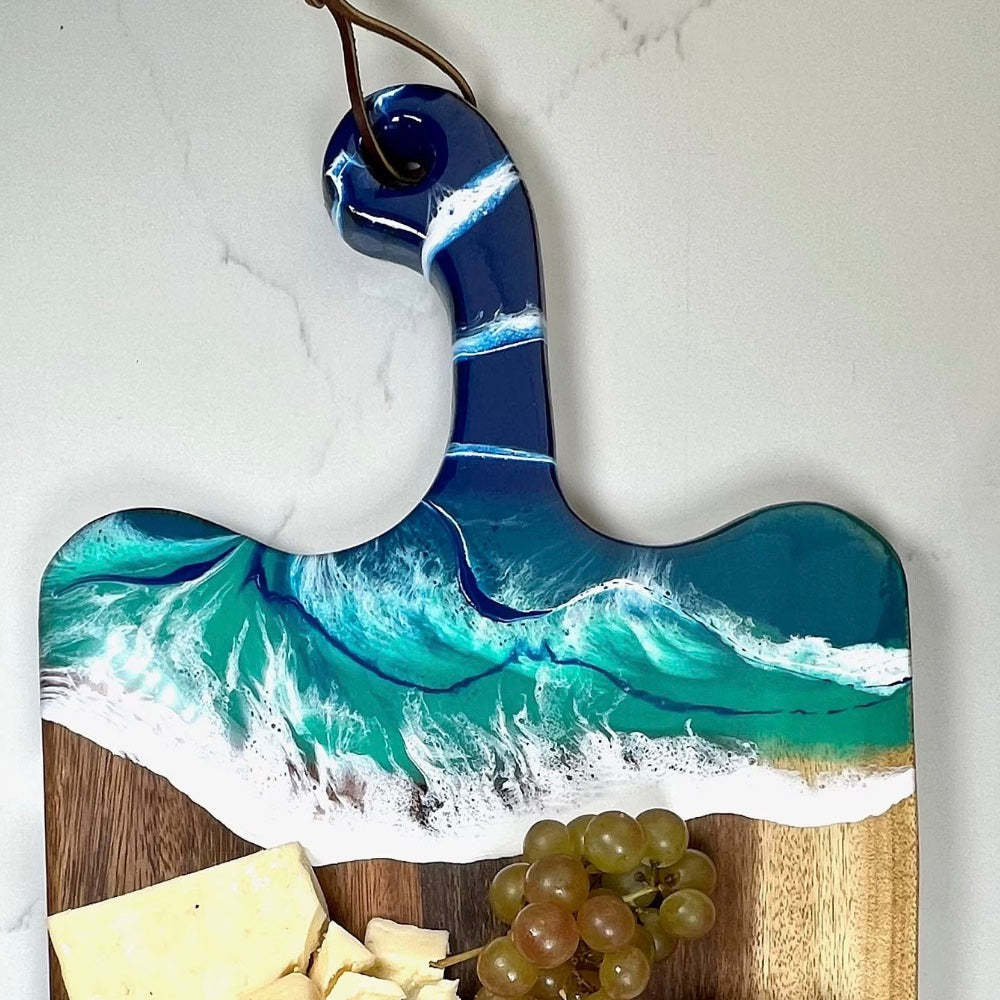 Resin shops ocean cutting board, mango wood cutting board, resin wave cheese board