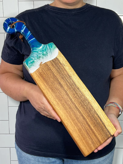 Ocean Inspired Live Edge Charcuterie Cheese Cutting Board: Walnut with Beach Blue & White Epoxy Resin. Gift for mom, foodies, beach lovers