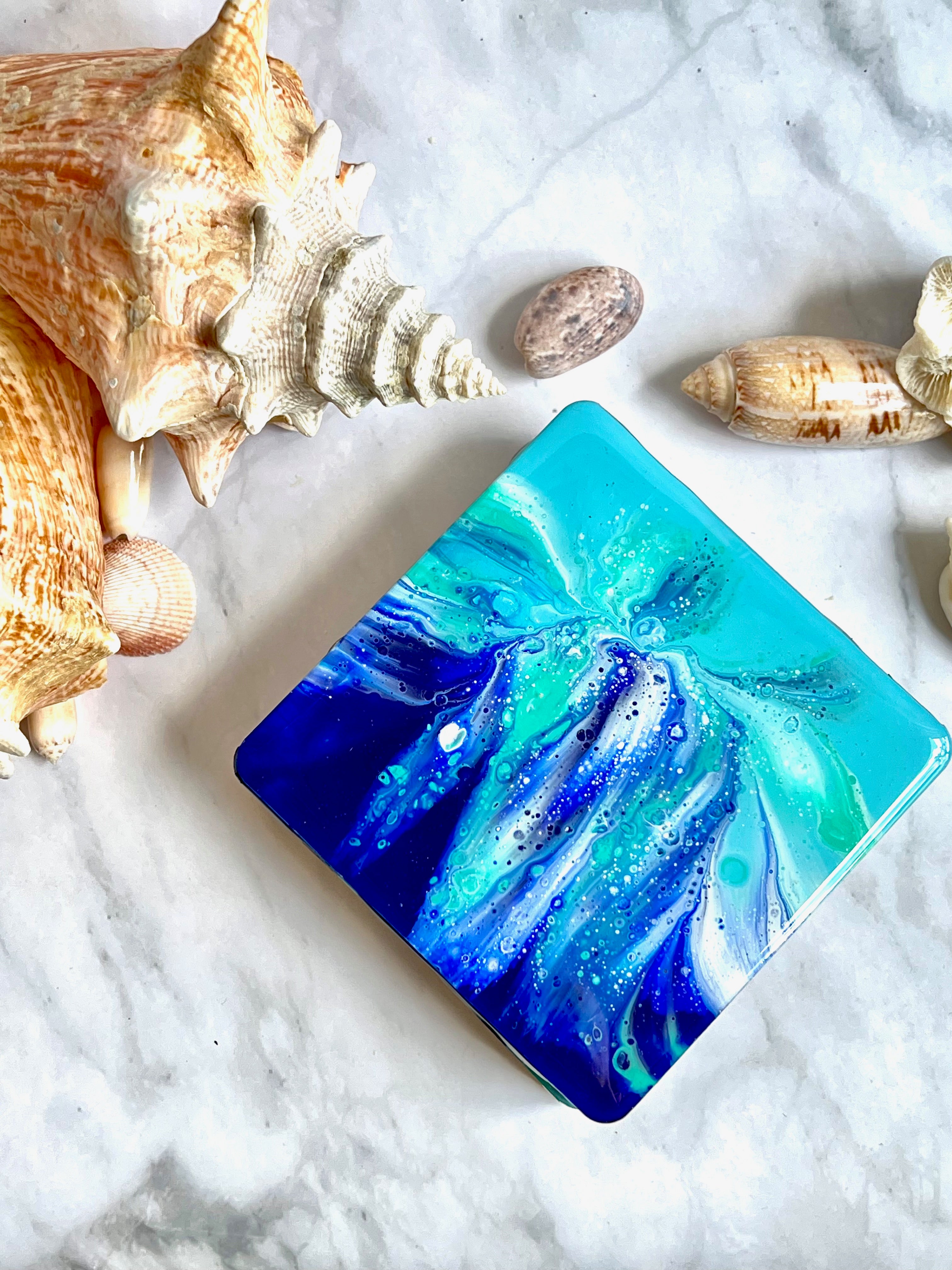 Colorful Acrylic Paint Epoxy Resin Coasters Set Of Four Great Gift For Him Her or Housewarming. Coastal Charm For Your Bar Or Coffee Table