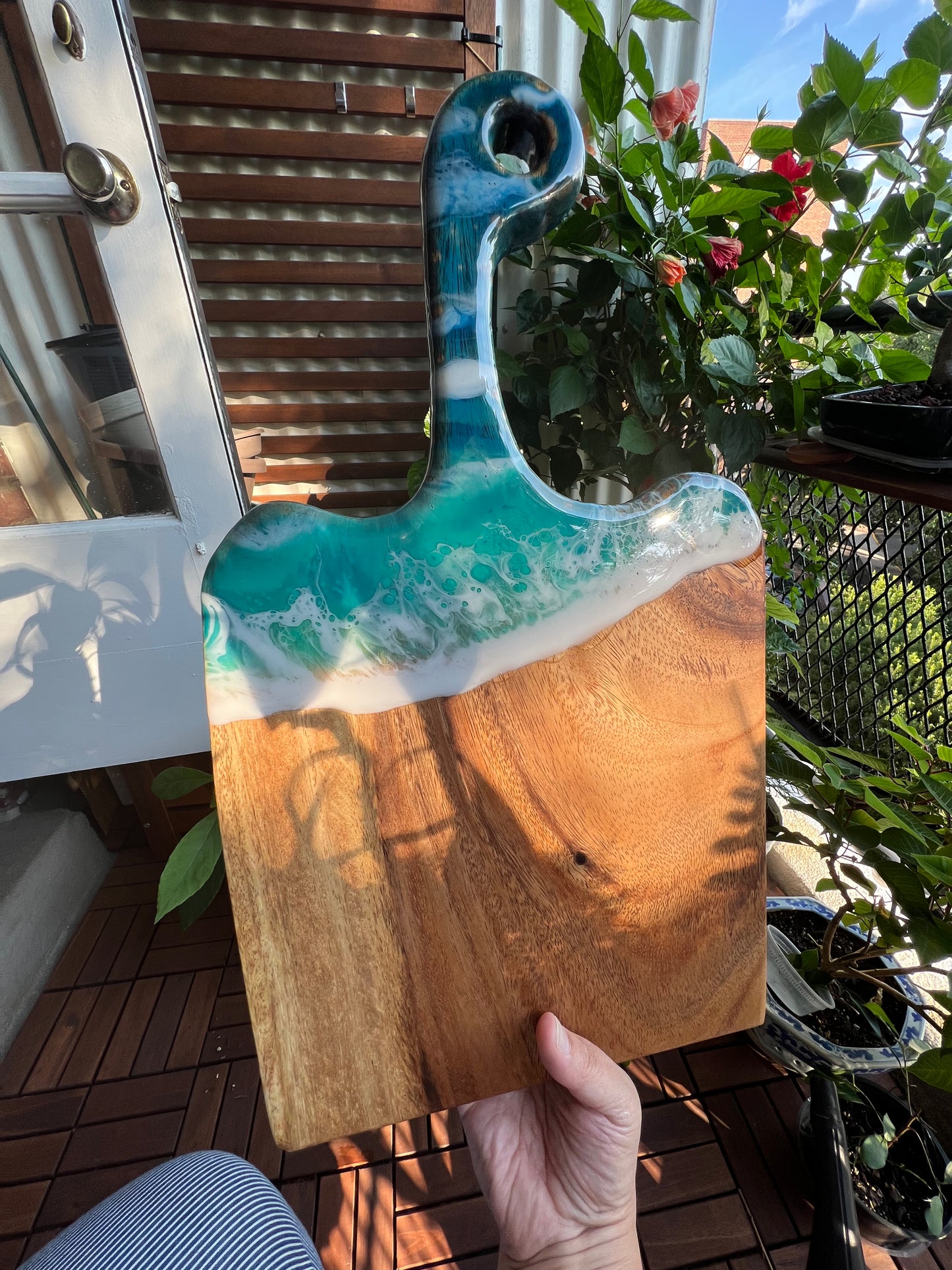 Ocean Inspired Live Edge Charcuterie Cheese Cutting Board: Walnut with Beach Blue & White Epoxy Resin. Gift for mom, foodies, beach lovers