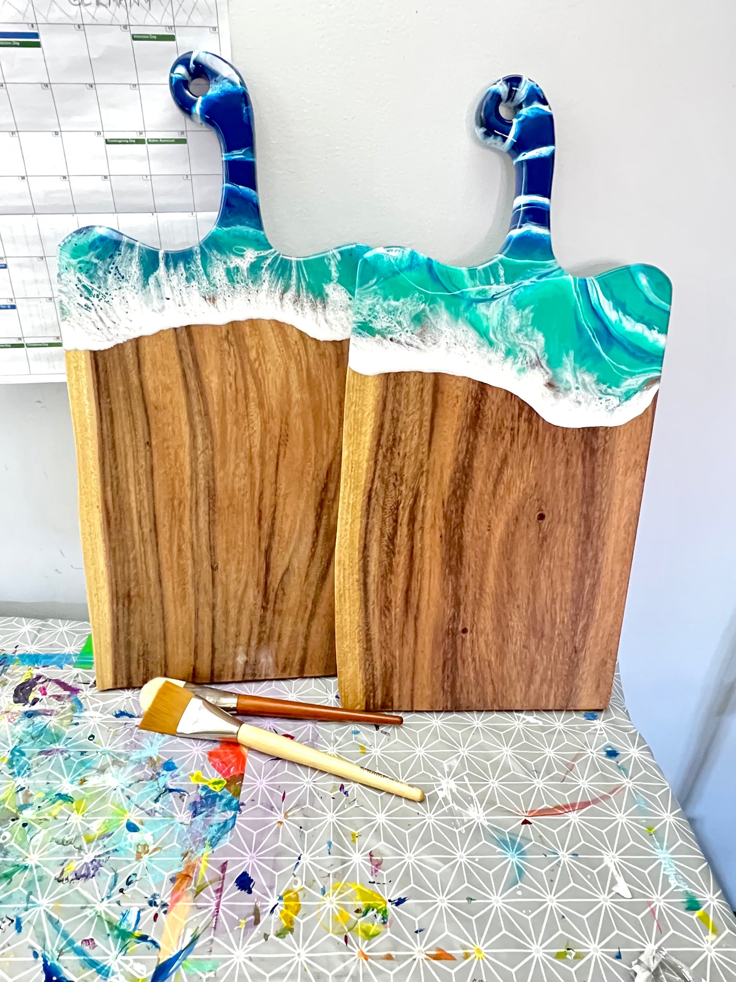 Ocean Inspired Live Edge Charcuterie Cheese Cutting Board: Walnut with Beach Blue & White Epoxy Resin. Gift for mom, foodies, beach lovers